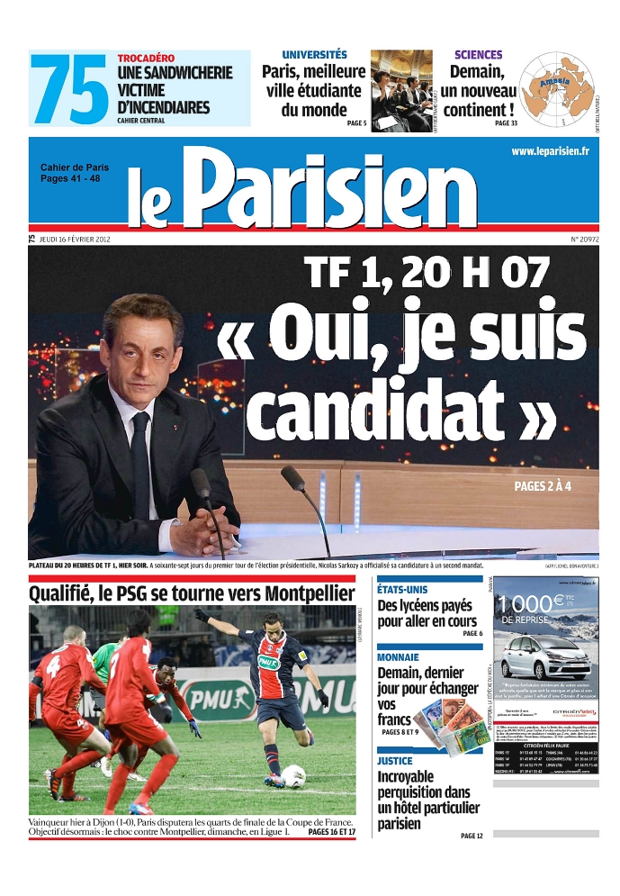 Le Parisien+ Cahier de Paris du16 Fevrier 2012