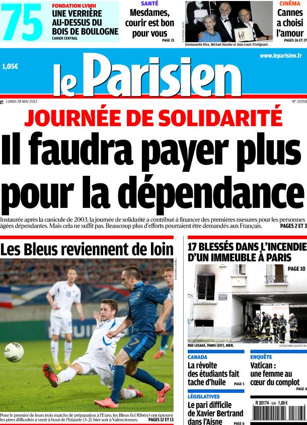 Le Parisien + Cahier Paris Lundi 28 Mai 2012